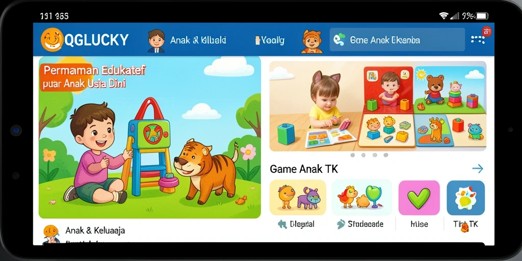 Antarmuka QGLUCKY yang ceria dan mengajak anak bermain.