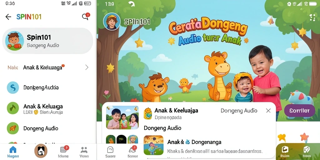 Antarmuka aplikasi SPIN101 dengan pilihan cerita dongeng yang menarik.